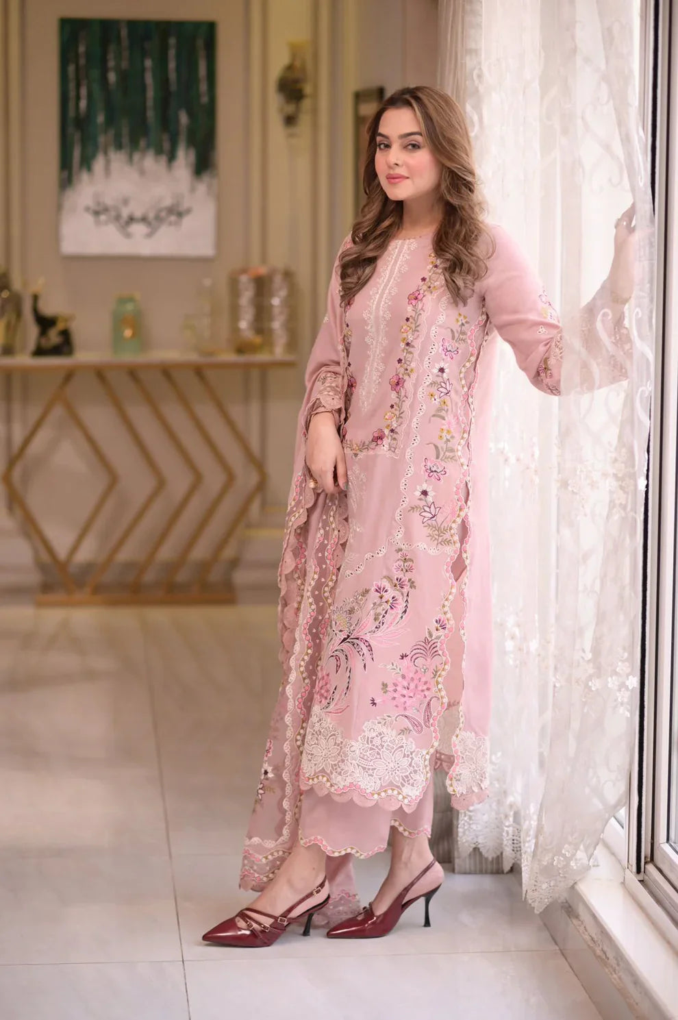 Luxe Pink - Luxury Lawn 3PC Chikenkari Heavy Embroidered Suit | ZF 011 - Unstitched Summer Luxe '26