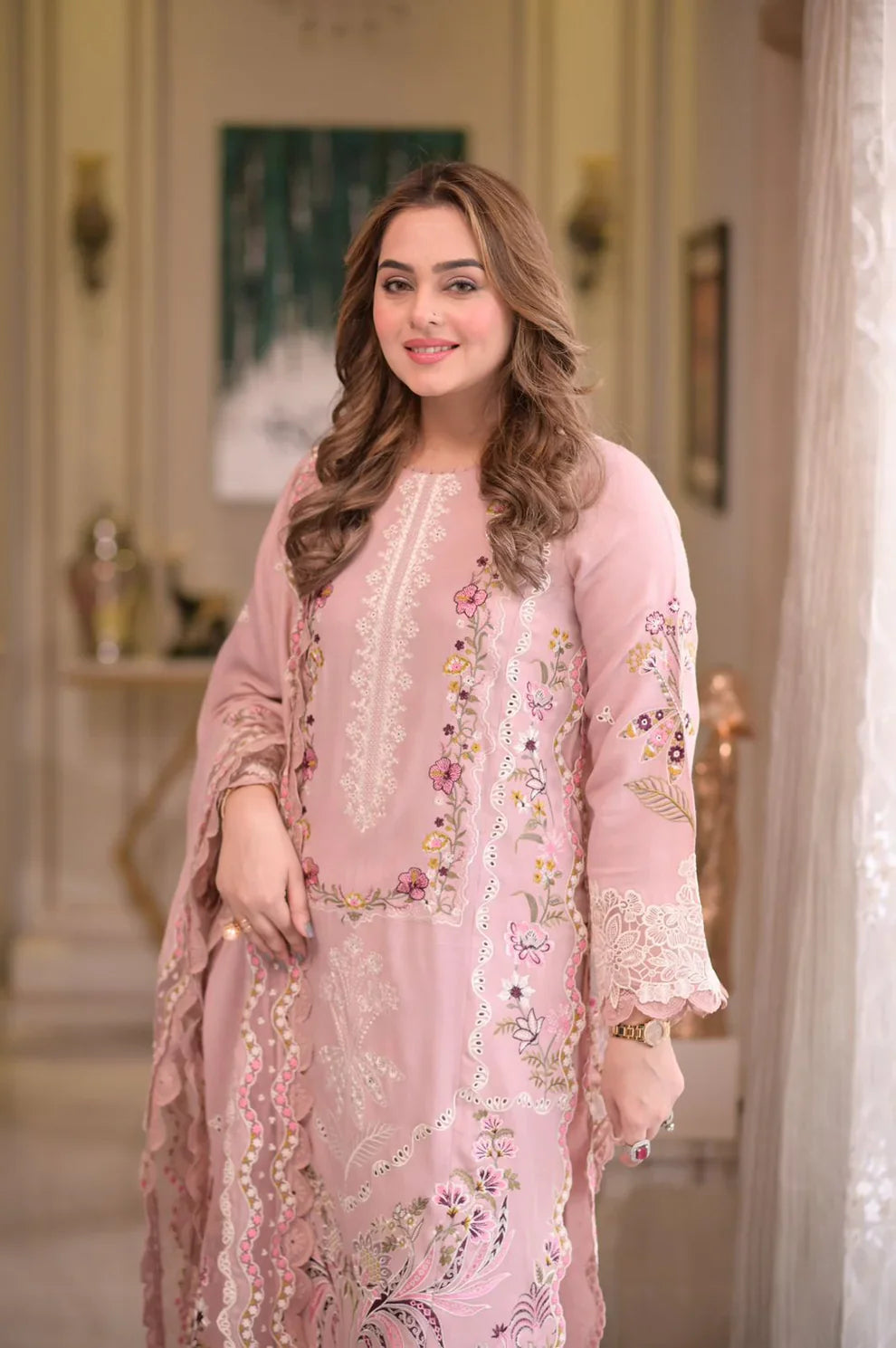 Luxe Pink - Luxury Lawn 3PC Chikenkari Heavy Embroidered Suit | ZF 011 - Unstitched Summer Luxe '26