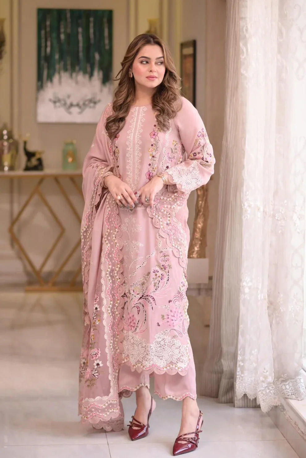 Luxe Pink - Luxury Lawn 3PC Chikenkari Heavy Embroidered Suit | ZF 011 - Unstitched Summer Luxe '26