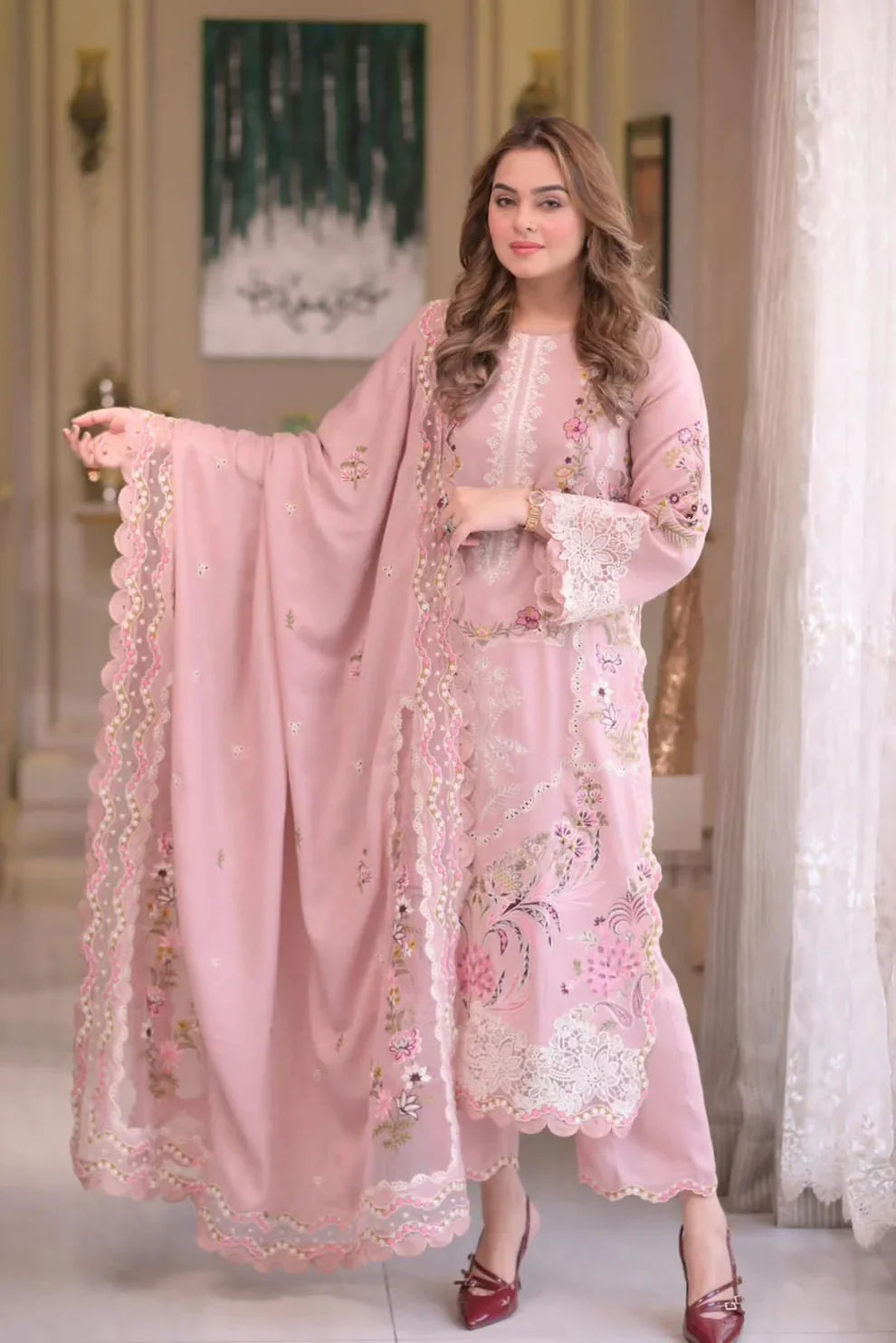 Luxe Pink - Luxury Lawn 3PC Chikenkari Heavy Embroidered Suit | ZF 011 - Unstitched Summer Luxe '26