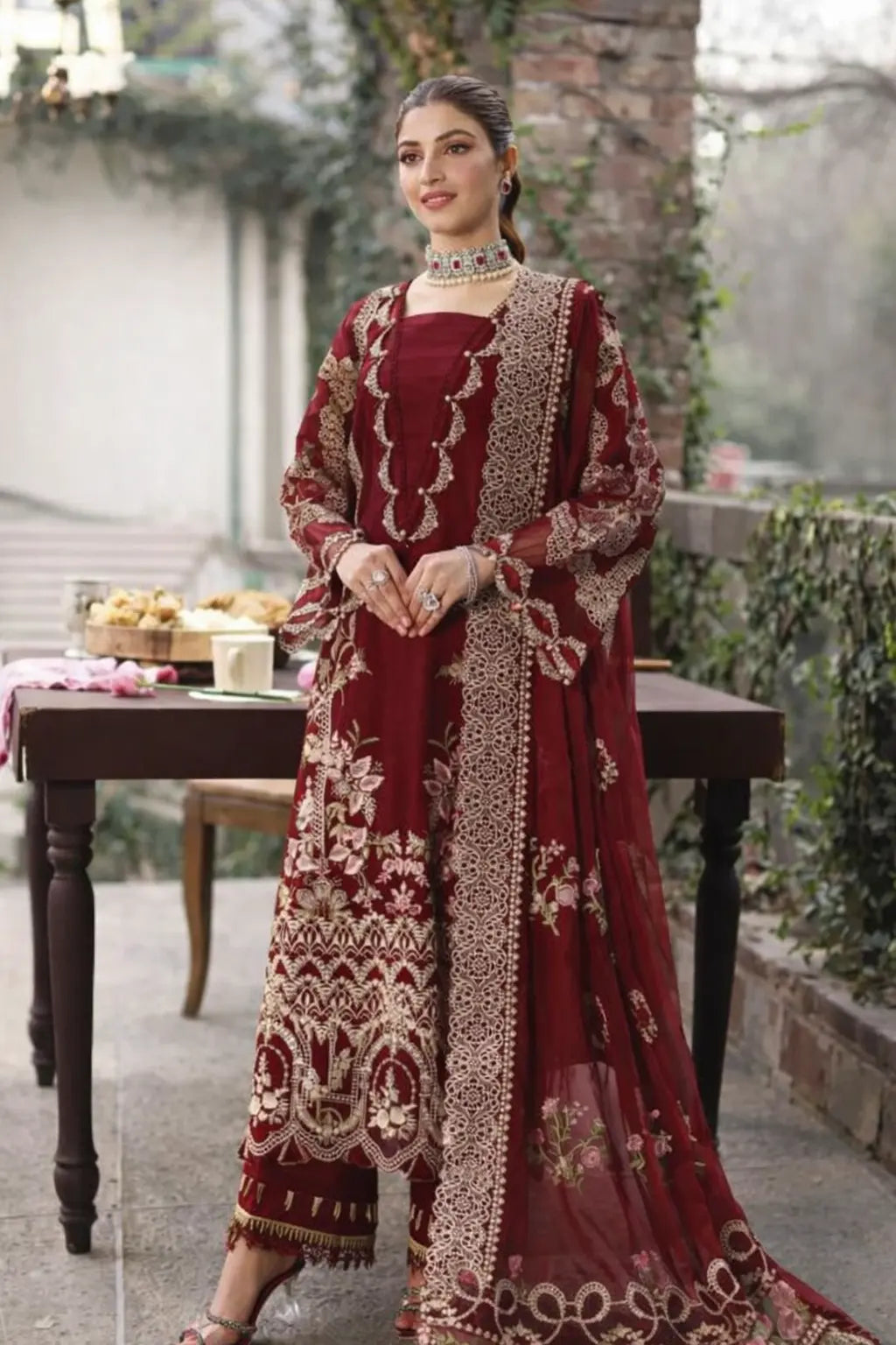 Mah-e-Rukh Mahroon  - Luxury Lawn 3PC Chikenkari Heavy Embroidered Suit | Unstitched Summer Luxe '26
