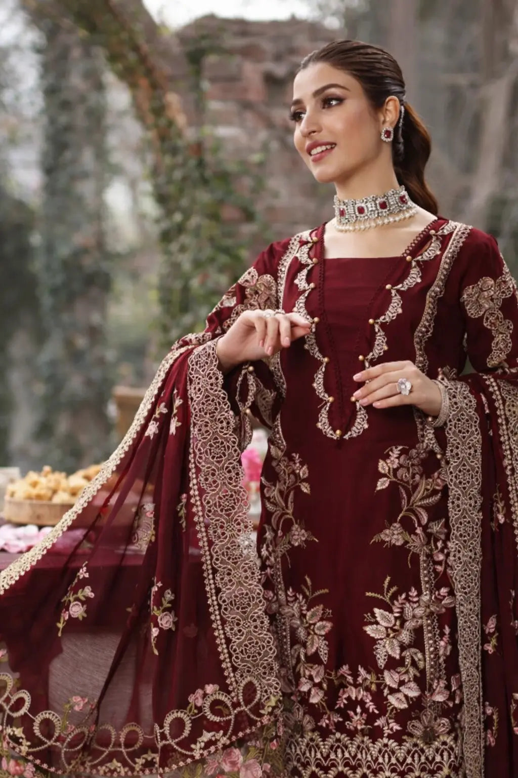 Mah-e-Rukh Mahroon  - Luxury Lawn 3PC Chikenkari Heavy Embroidered Suit | Unstitched Summer Luxe '26