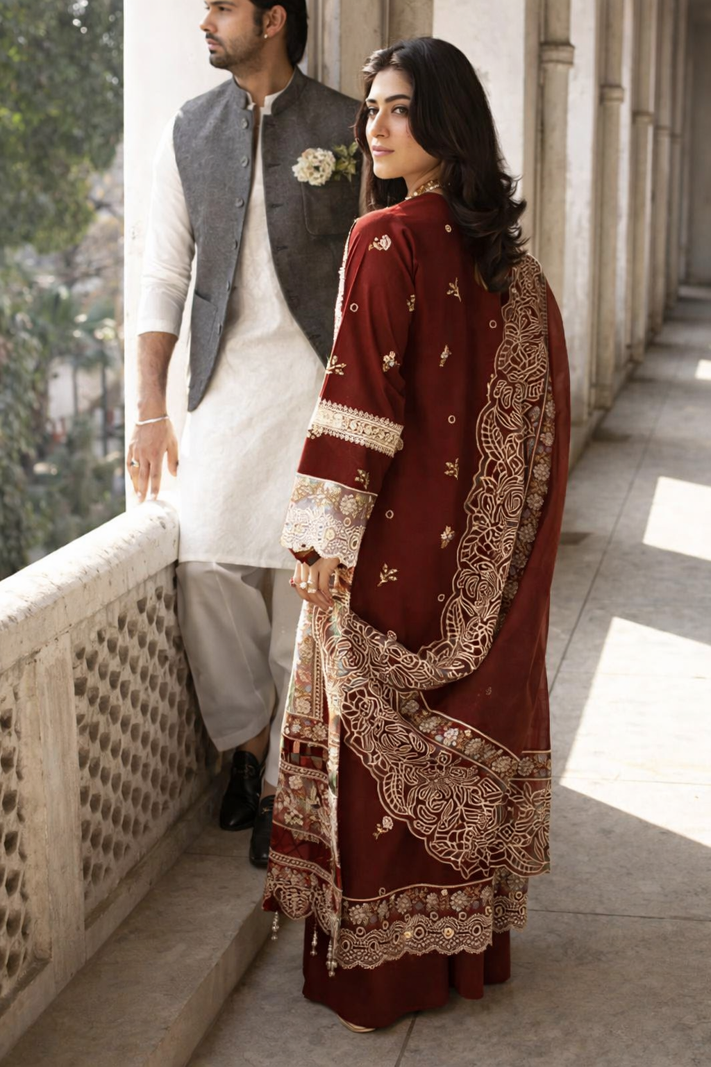 Mahnur Mahroon - Luxury Lawn 3PC Chikenkari Heavy Embroidered Suit | ZF-055 Unstitched Summer Luxe '26