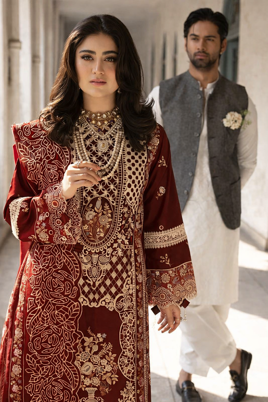Mahnur Mahroon - Luxury Lawn 3PC Chikenkari Heavy Embroidered Suit | ZF-055 Unstitched Summer Luxe '26